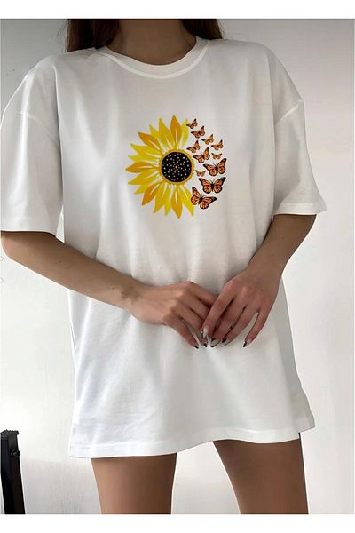 khufu Μπλουζάκι με στάμπα White Daisy Trend Oversize