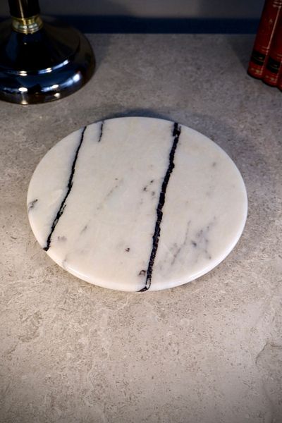 Marbel Concept Silver Color Metal Leg Lilac Marble Round Cake Serving Plate 25 Cm DIAMETER