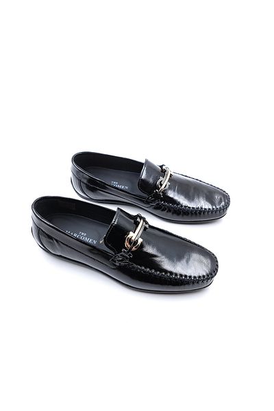 MARCOMEN Genuine Patent Leather Men's Laceless Black Buckle Loafer Shoes