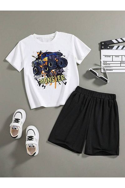 AMMA Kids White Truck Monster Printed Top and Bottom T-Shirt Shorts Set