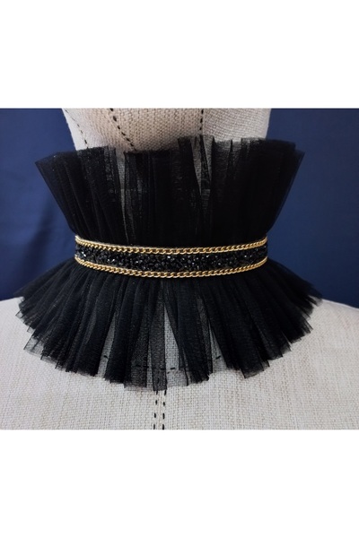 es moda shop Nancy taş ve zincir detaylı tül boyunluk siyah
