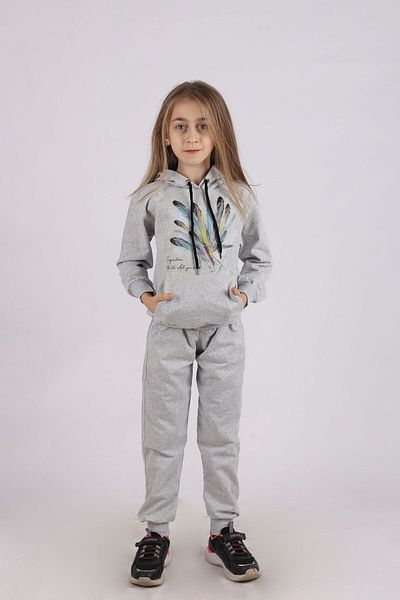 İnciTekstil GIRL'S Tracksuit Set with Hooded Kangaroo Pocket and Feather Print Detail