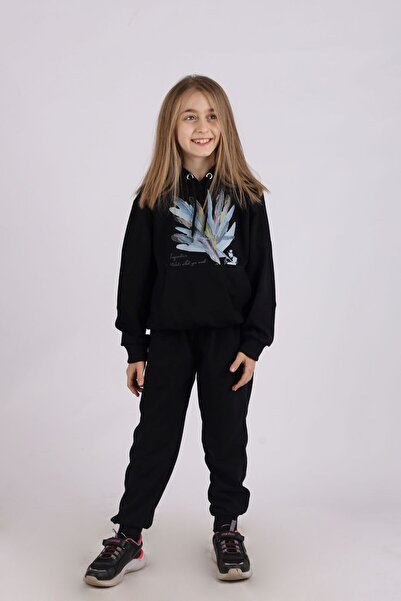 İnciTekstil GIRL'S Tracksuit Set with Hooded Kangaroo Pocket and Feather Prin...