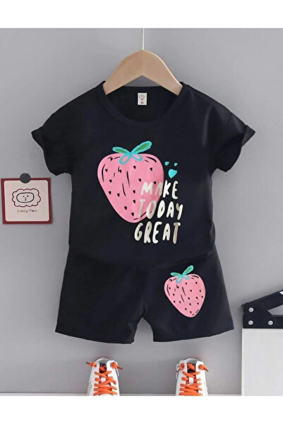 Amazon Ev Children's Black Shorts-T-shirt Set Strawberry Printed