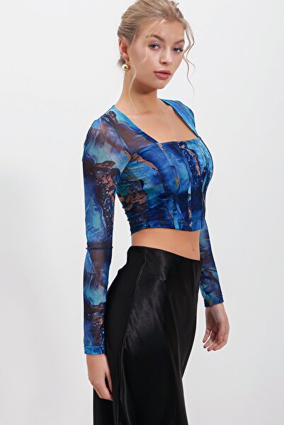 HAKKE Τετράγωνο γιακά Τούλι Crop BLUZ