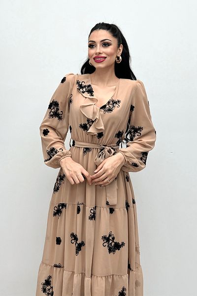 giyimmasalı Chiffon Fabric Double Breasted Collar Patterned Dress - CREAM