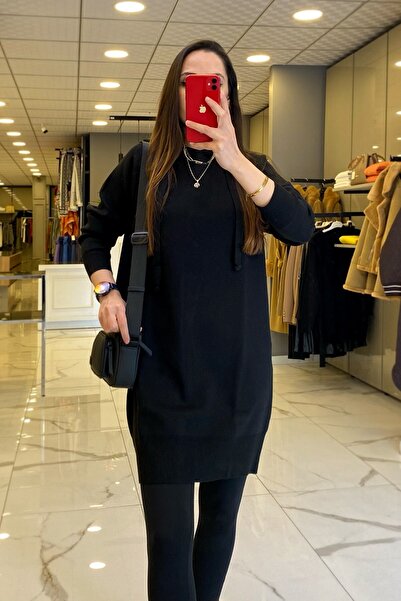 Vosse On Fashıon Siyah Kapüşon Detaylı Triko Tunik Elbise