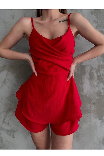 lovebox Women's Aerobin Fabric Collar Cross Detail Skirt Flounced Strap Red Jumpsuit 7034