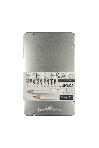 Bruno Visconti 0067 Sketch&Art - 3.5mm Jumbo Graphite, Graduated Pencil Set of 9, Metal Box