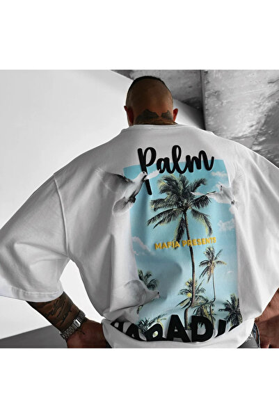 Benisengiydir Men's White Palm Paradise Printed Oversize T-shirt