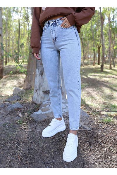 Geppetto Leo anii 90 pentru femei Mona Blue Snow wash Mom Jean Blugi pentru femei Boyfriend cu talie înaltă Lycra