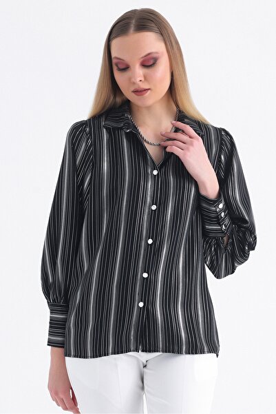 MD trend Жіноча срібна балонна сорочка з смужками, з рукавами з буфами та збірками на плечах, оверсайз, з атласу