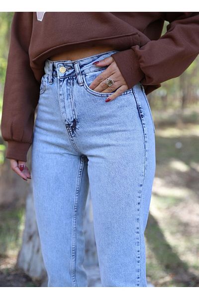 Geppetto Leo anii 90 pentru femei Mona Blue Snow wash Mom Jean Blugi pentru femei Boyfriend cu talie înaltă Lycra