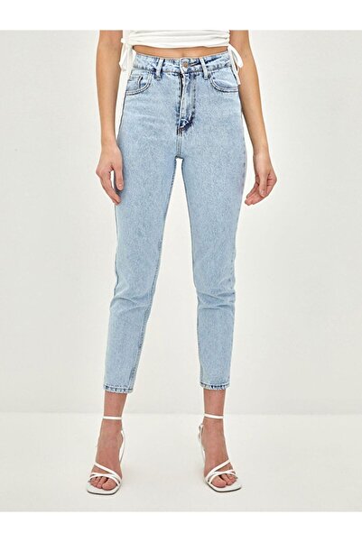 Geppetto Leo Blue Mom Jeans Lycra Talie Înaltă Blue Snow Wash Mom Jeans Extra Confortabil