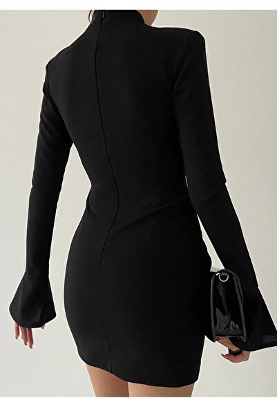 lovebox Dámská krepová látka Umělá kapsa Detailní Stojánek Límec Dlouhý rukáv Černé večerní mini šaty 216
