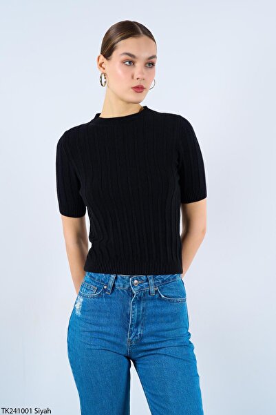 Liora سترة نسائية سوداء أساسية مضلعة بأكمام قصيرة