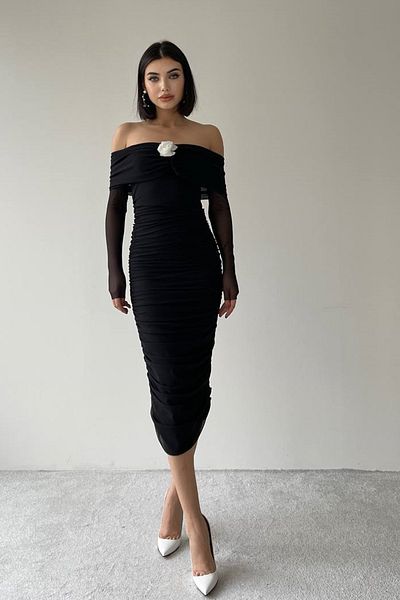 lovebox Women's Tulle Fabric Strapless Collar Rose Accessory Design Shirring Detail Midi Black Evening Dress 217