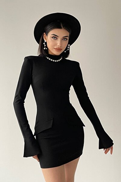 lovebox Dámská krepová látka Umělá kapsa Detailní Stojánek Límec Dlouhý rukáv Černé večerní mini šaty 216