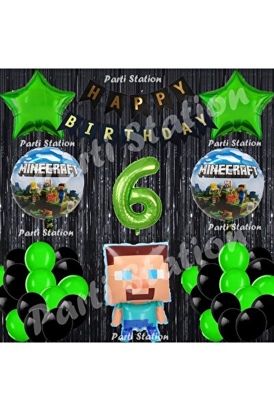 Parti Station Minecraft Balon Set 6 Yaş Minecraft Oyun Siyah Konsept Doğum Gü...