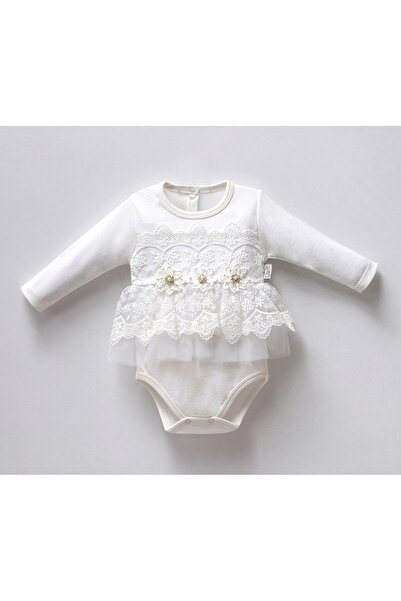 DIDuStore Lüks Dantel Aplikeli Kız Bebek Bodysuit - Çiçek Süslemeli, Uzun Kol...
