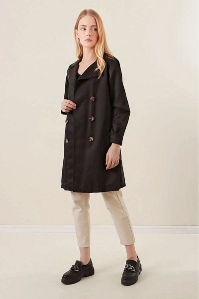 hazelin Women's Black Double Breasted Collar Belted Unlined Seasonal Casual Short Trench Coat Hzl23s-bd158641