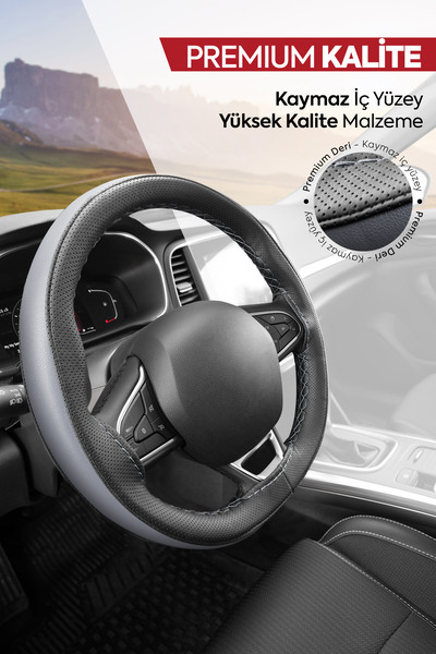 Otom Direksiyon Kılıfı Dikişli Deri Çift Renk Gri DK-305