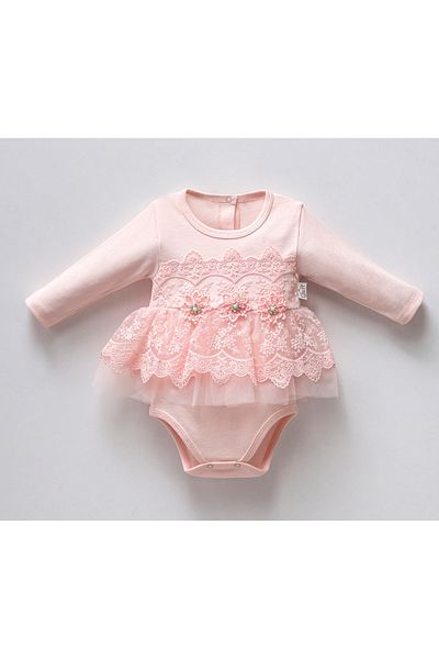 DIDuStore Luxury Lace Applique Baby Girl Bodysuit - Floral Decoration, Long Sleeve, Elegant Design