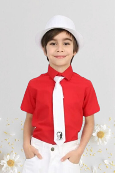 Nacar Erkek Çocuk 23 Nisan Kısa Kol Kırmızı Gömlek Keten Gösteri Kutlama 024