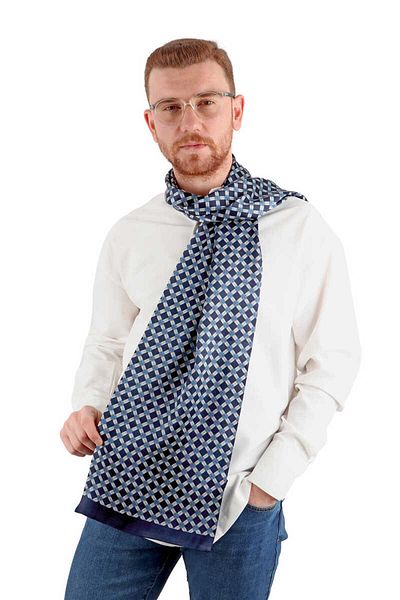 Bursa İpek Indigo Plaid Pattern Men's Silk Scarf