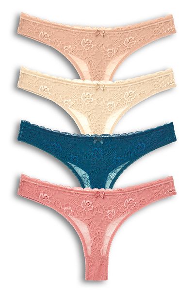 HNX 4-Piece Front Lace Back Double Layer Cotton Thong Women's Panties