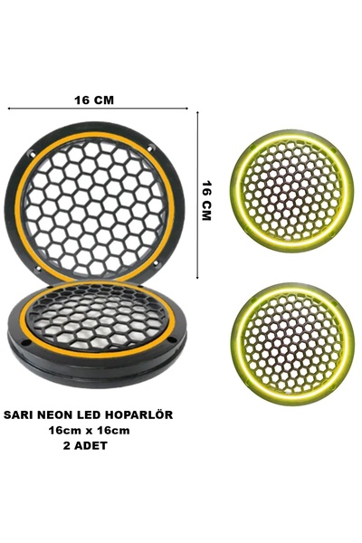 caraks 16x16 cm Neon Led Işıklı Midrange Hoparlör Kapağı Yuvarlak Çiftli (2 adet) Sarı Renk