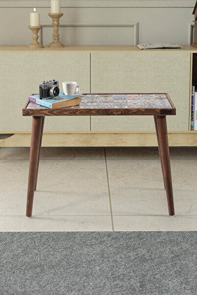 bluecape Rustik Wood Masif Seramik Ceviz Yan Sehpa