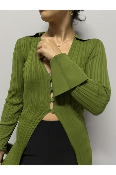 soBasic Shirt Collar Buttoned Long Sleeve Cuff Detail Knitwear Blouse Cardigan - Green