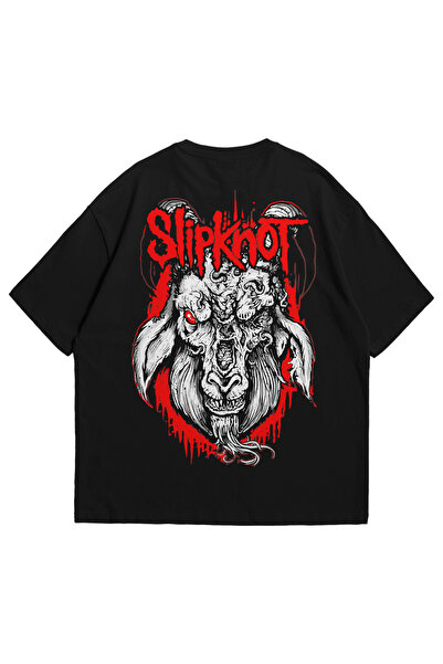 Scrovtie Kadın Erkek Siyah Slipknot Baphomet Baskılı Oversize Bisiklet Yaka K...