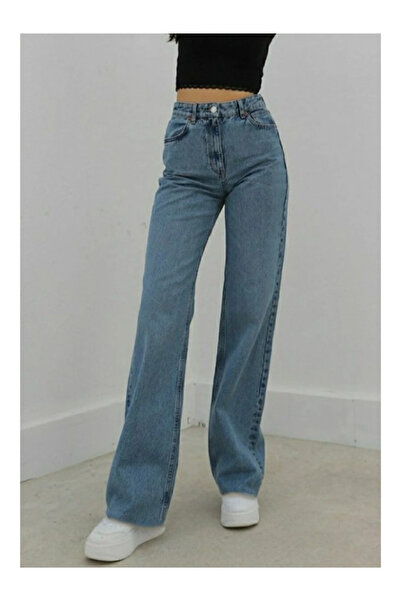 Tref Jns Tekna Mavi Asit Yıkama Palazzo Jean Kadın Wide Leg Solmaz Toparlayıcı Kot Pantolon