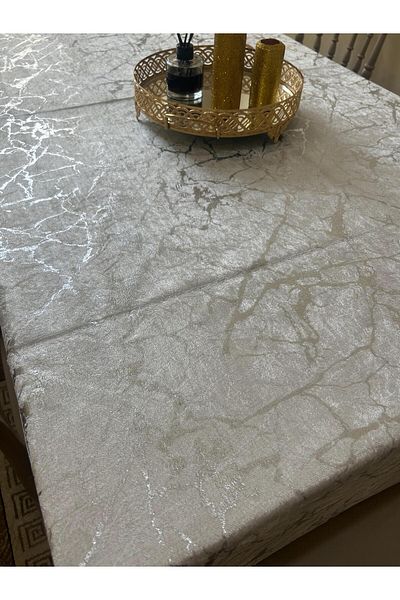 Tekstilsa Velvet Gold Silver Tablecloth New Model with Veins 1 Piece Light Cream Silver Leaf 210*140 cm