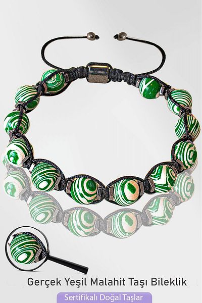 Tesbih Atölyesi Certified Macrame Natural Green Malahit Stone Bracelet - Adjustable