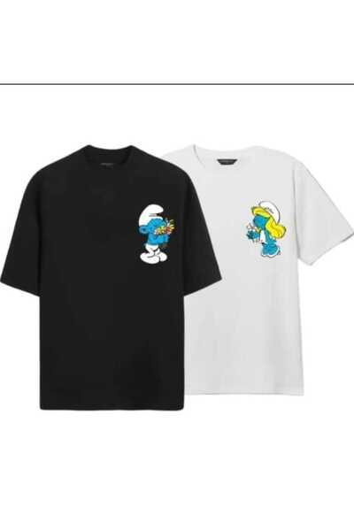 PERISENSE للجنسين النساء الرجال السنافر المطبوعة المعتاد عاشق زوجين مزيج تي ش...