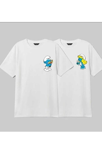 PERISENSE Unisex Kadın Erkek Şirinler Baskılı Oversize Sevgili Çift Kombini T-shirt 2'li Set