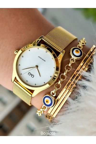 Q&Q Steel Mesh Strap, Waterproof, Gold Color Women's Wristwatch+bracelet