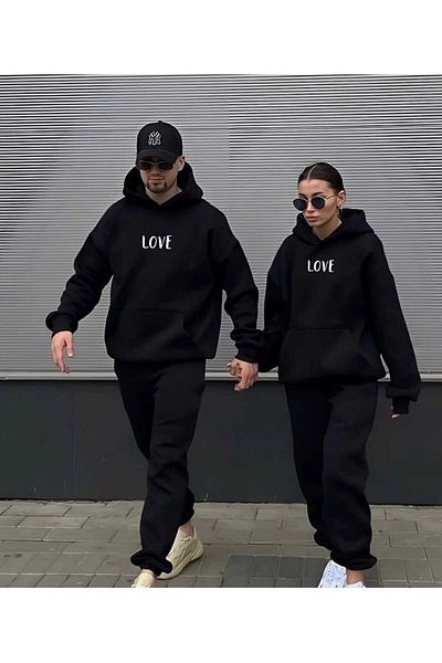 PERISENSE Unisex Γυναικείες Ανδρικές φόρμες Lover Couple Συνδυασμός Προσαρμοσμένης Σχεδίασης Love Printed Hooded Bottom-Top Σετ φούτερ