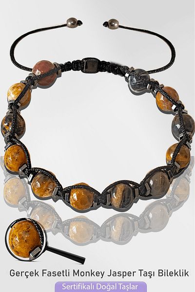 Tesbih Atölyesi Certified Natural Faceted Monkey Jasper Stone Bracelet - Adjustable