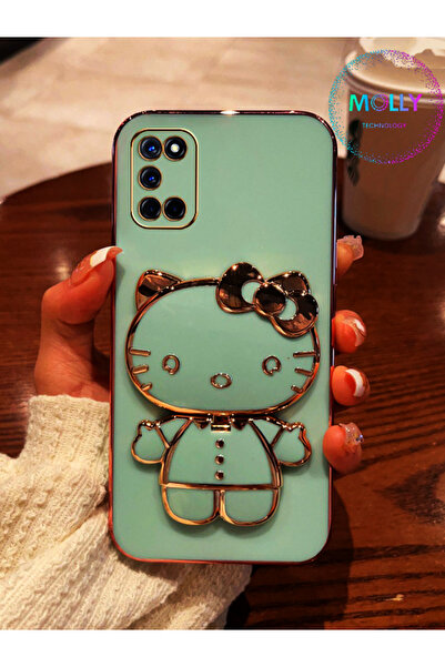 Molly Oppo A52 İçin Su Yeşili Hello Kitty Standlı Kenarları Gold Detaylı Lüks...