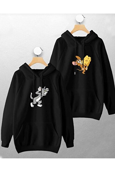 PERISENSE سويت شيرت بقلنسوة مطبوع عليه توم وجيري للجنسين للنساء والرجال مقاس كبير مكون من قطعتين