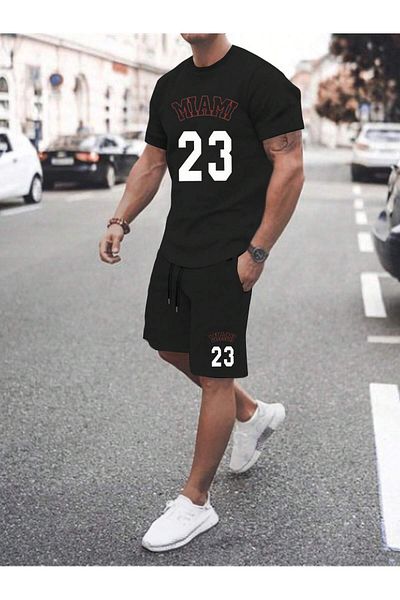 Mythologie Miami 23 T-Shirt Shorts Combination Set - Black Printed Oversize Crew Neck