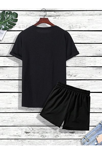 Mythologie Paris Je T'aime T-Shirt Shorts Combination Set - Black Printed Oversize Crew Neck