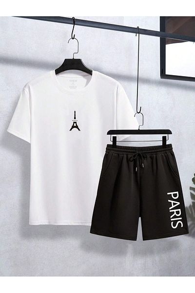 Mythologie Set combinat de pantaloni scurți de tricou Eiffel Paris - Alb Negru Imprimat Oversize Crew Gât
