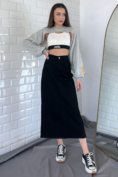 GÜLSELİ Fustă neagră de jeans cu ciucuri