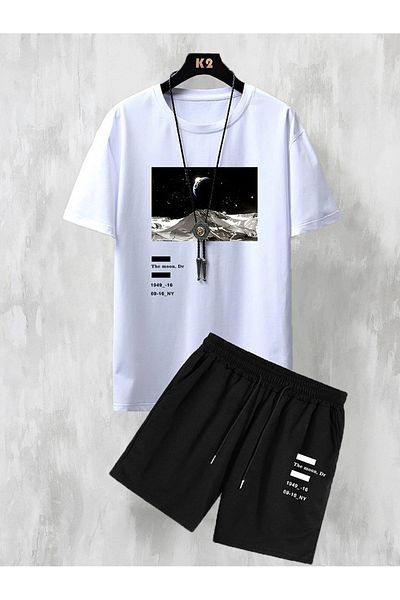 Mythologie Space Moon T-Shirt Shorts Combination Set - White Black Printed Oversize Crew Neck