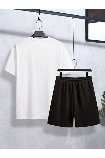 Mythologie Set combinat de pantaloni scurți de tricou Eiffel Paris - Alb Negru Imprimat Oversize Crew Gât